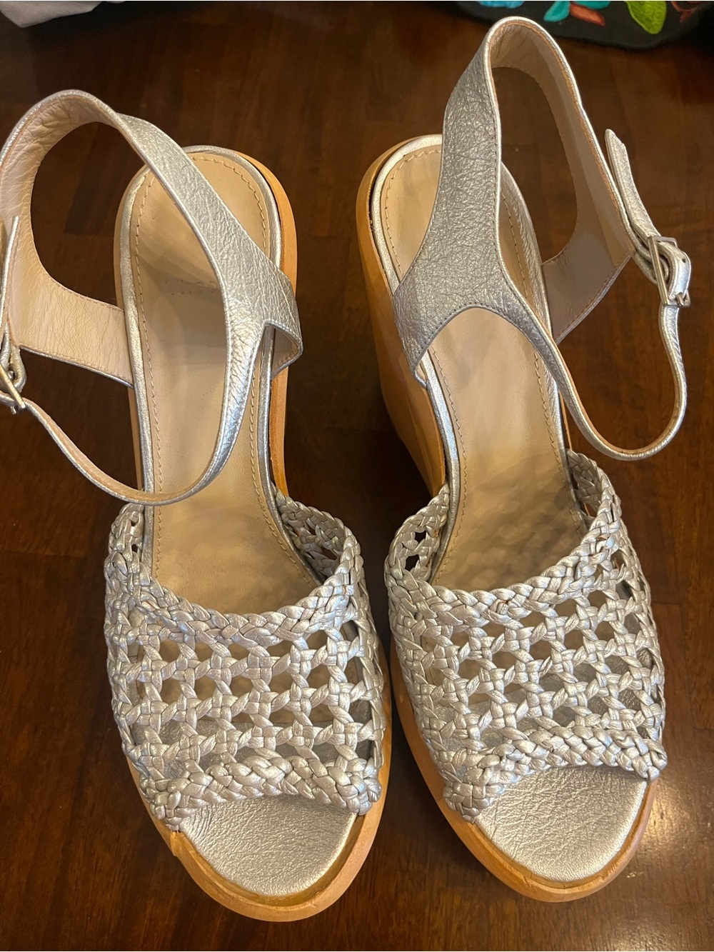Theory NWOB Silver Braided Slingback Wedge Sandals